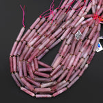 Natural Madagascar Rose Quartz Thin Long Hand Faceted Rectangle Tube Beads 15.5" Strand