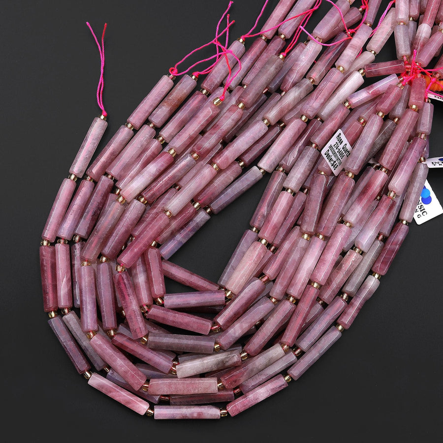Natural Madagascar Rose Quartz Thin Long Hand Faceted Rectangle Tube Beads 15.5" Strand