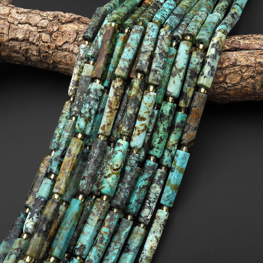 Natural African Turquoise Thin Long Hand Faceted Rectangle Tube Beads 15.5" Strand