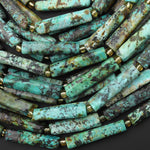 Natural African Turquoise Thin Long Hand Faceted Rectangle Tube Beads 15.5" Strand