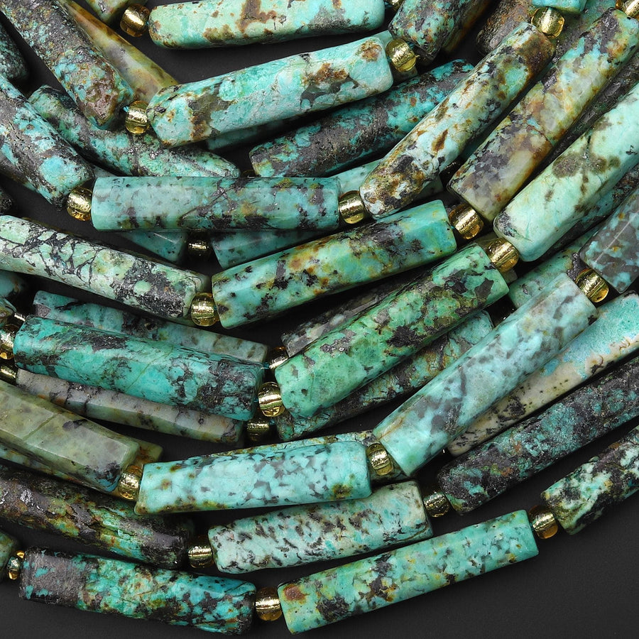 Natural African Turquoise Thin Long Hand Faceted Rectangle Tube Beads 15.5" Strand