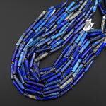 Natural Blue Lapis Thin Long Hand Faceted Rectangle Tube Beads 15.5" Strand