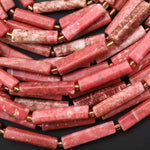 Natural Pink Thulite Thin Long Hand Faceted Rectangle Tube Beads 15.5" Strand