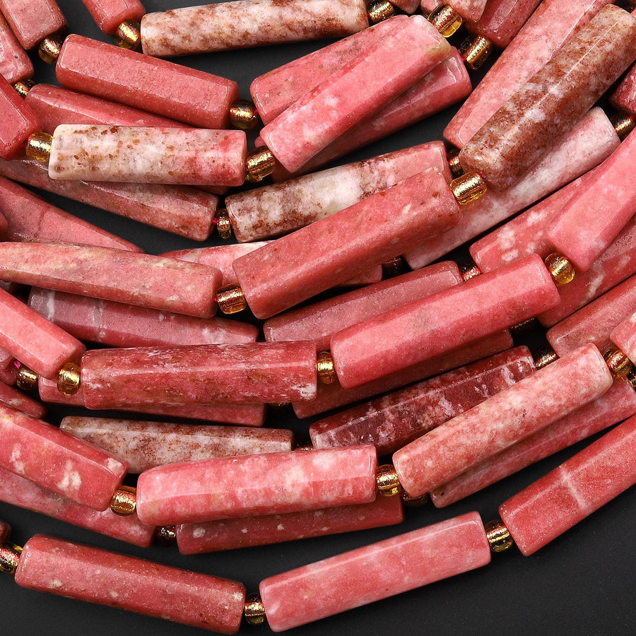 Natural Pink Thulite Thin Long Hand Faceted Rectangle Tube Beads 15.5" Strand
