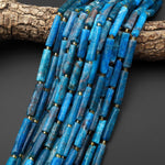 Natural Teal Blue Apatite Thin Long Hand Faceted Rectangle Tube Beads 15.5" Strand