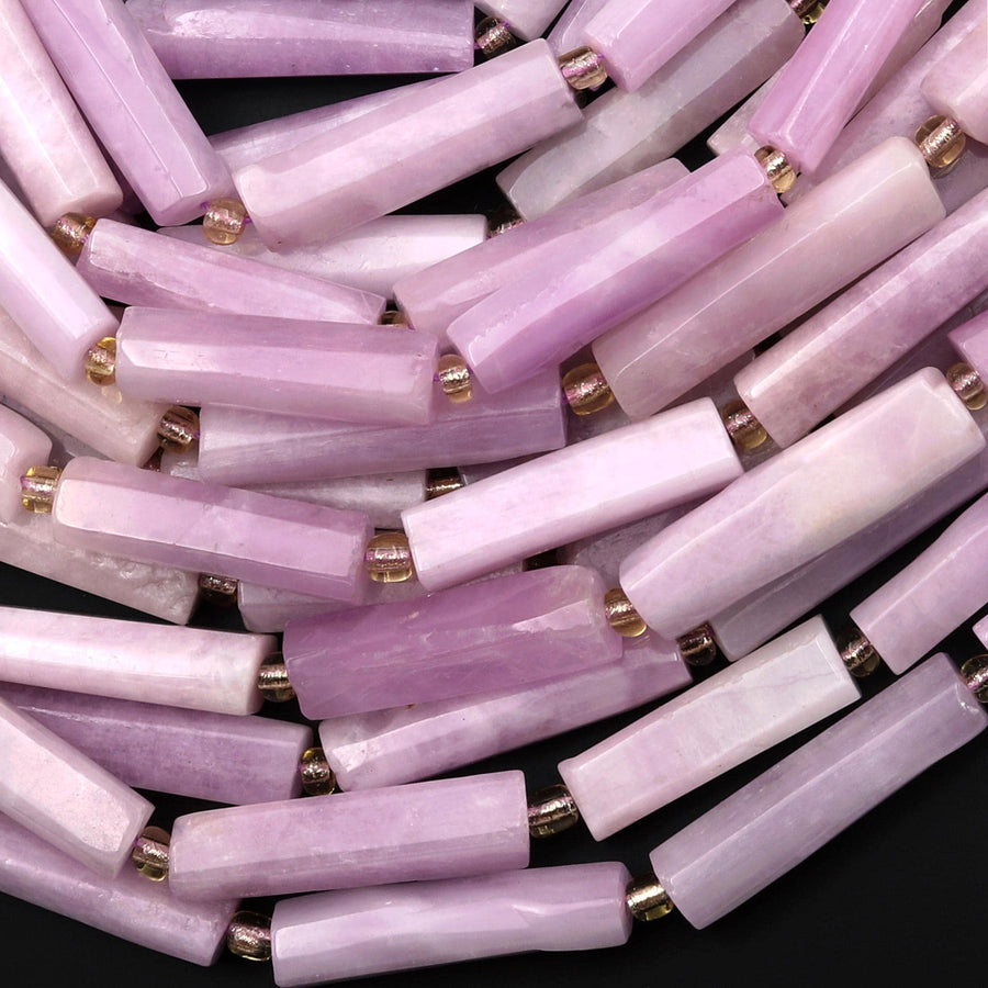 Natural Kunzite Thin Long Hand Faceted Rectangle Tube Beads 15.5" Strand