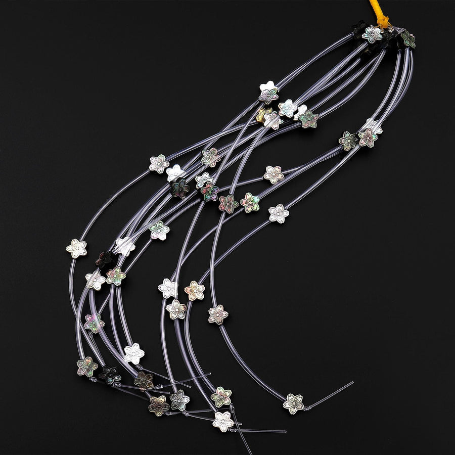 AAA Natural Black Mother of Pearl Hand Carved Cherry Blossom Flower 10mm Gemstone Beads Strand