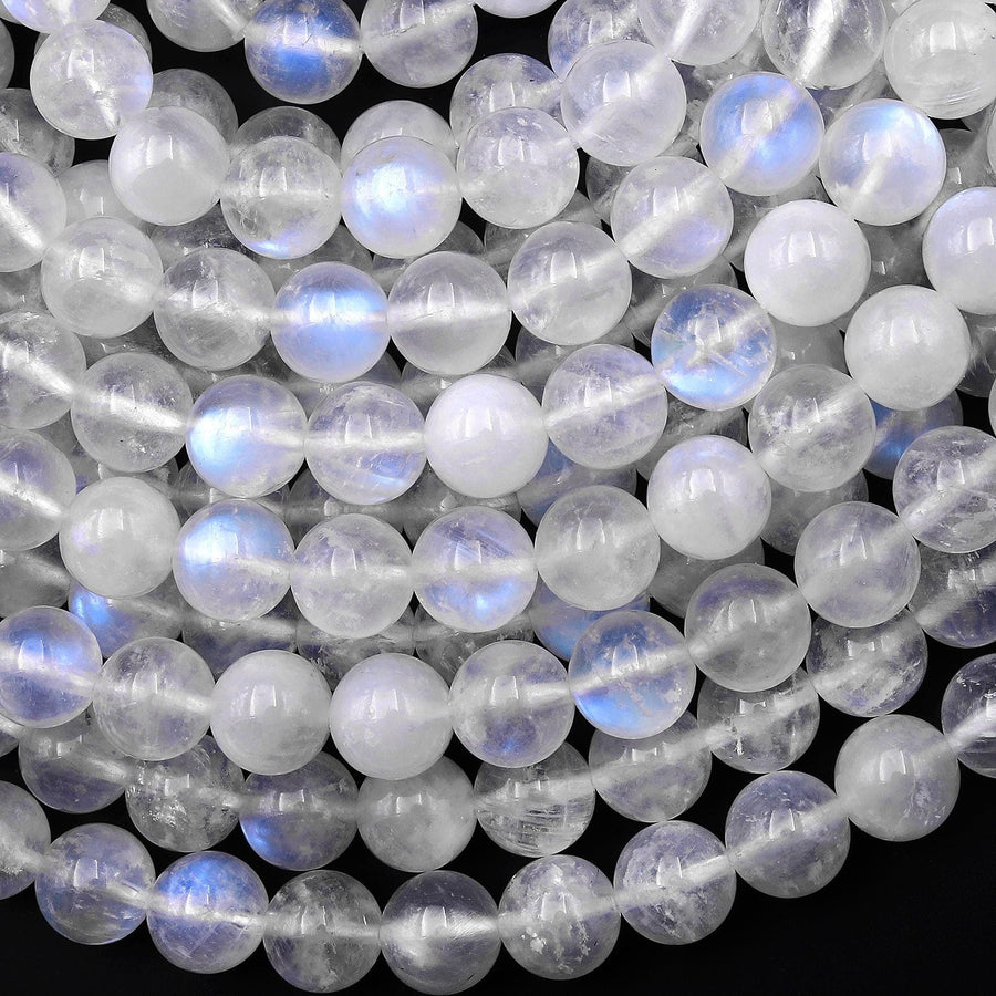 AAA Natural Rainbow Moonstone Round Beads 4mm 7mm 8mm 10mm 11mm 12mm 14mm 16mm Blue Flashes Gemstone 15.5" Strand