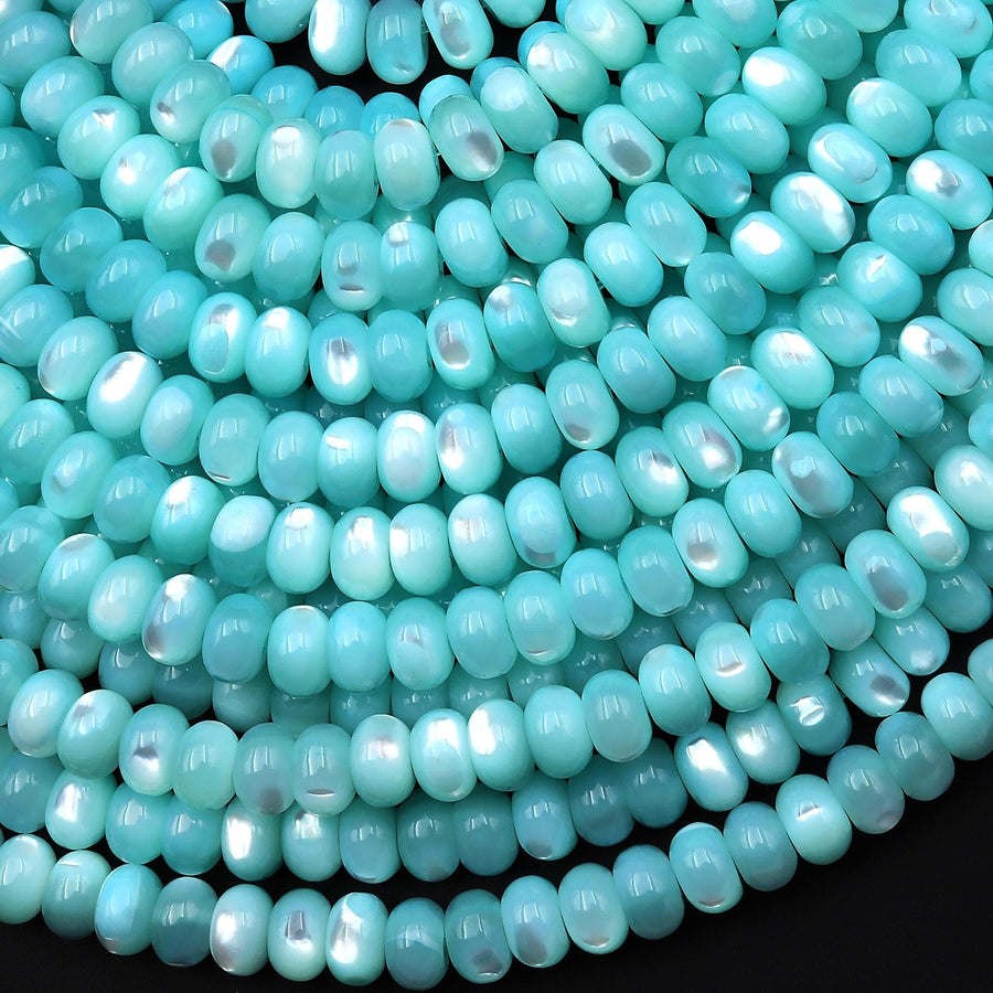 Aqua Blue Green Mother of Pearl 4mm 6mm 8mm Smooth Rondelle Beads 15.5" Strand
