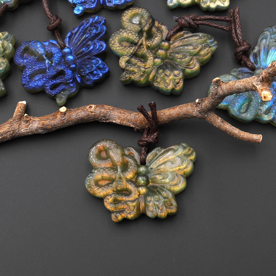 AAA Hand Carved Natural Labradorite Butterfly Snake Pendant Rebirth and Renewal