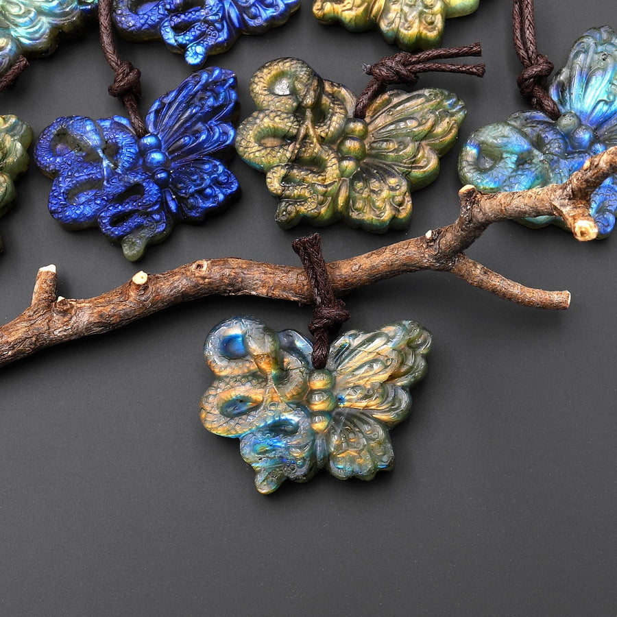 AAA Hand Carved Natural Labradorite Butterfly Snake Pendant Rebirth and Renewal