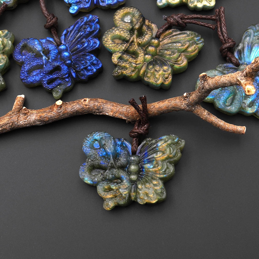 AAA Hand Carved Natural Labradorite Butterfly Snake Pendant Rebirth and Renewal