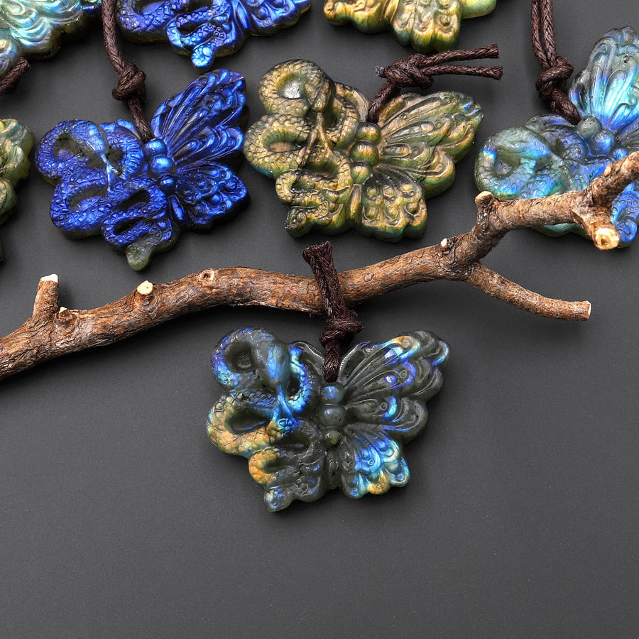 AAA Hand Carved Natural Labradorite Butterfly Snake Pendant Rebirth and Renewal A11