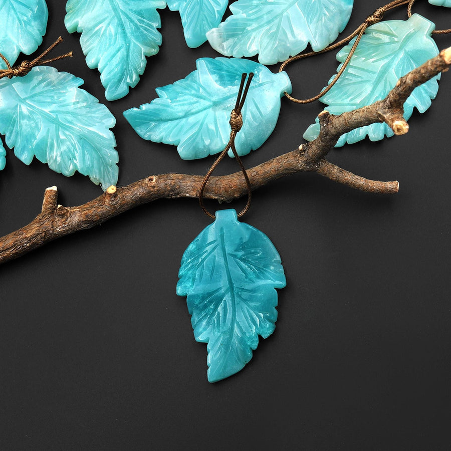 Hand Carved Natural Blue Amazonite Leaf Pendant Focal Gemstone Bead
