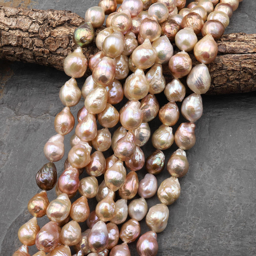 AAA Genuine Freshwater Ming Fireball Flameball Baroque Nucleated Pearl Metallic Golden Mauve Pink Peach Purple 16" Strand