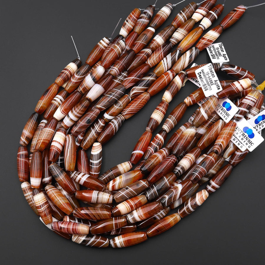 Natural Tibetan Red Striped Agate Long Thin Barrel Cylinder 30x10mm Beads 15.5" Strand