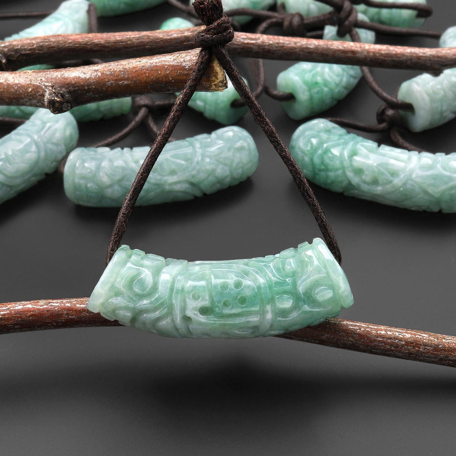 Hand Carved Natural Light Green Guatemalan Jade Curved Crescent Arc Pendant A1