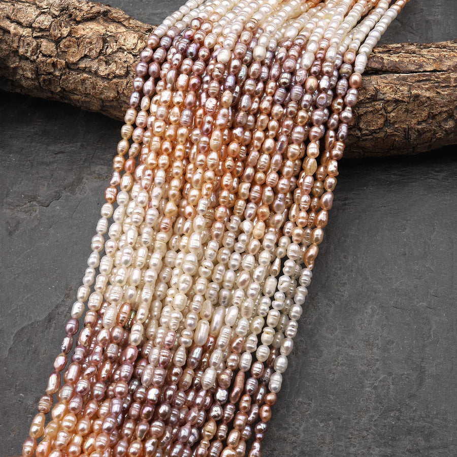 Genuine Natural White Peach Pink Mauve Purple Freshwater Pearl Potato Oval 3x4mm Ombre Shimmery Iridescent Classic Pearl 14" Strand
