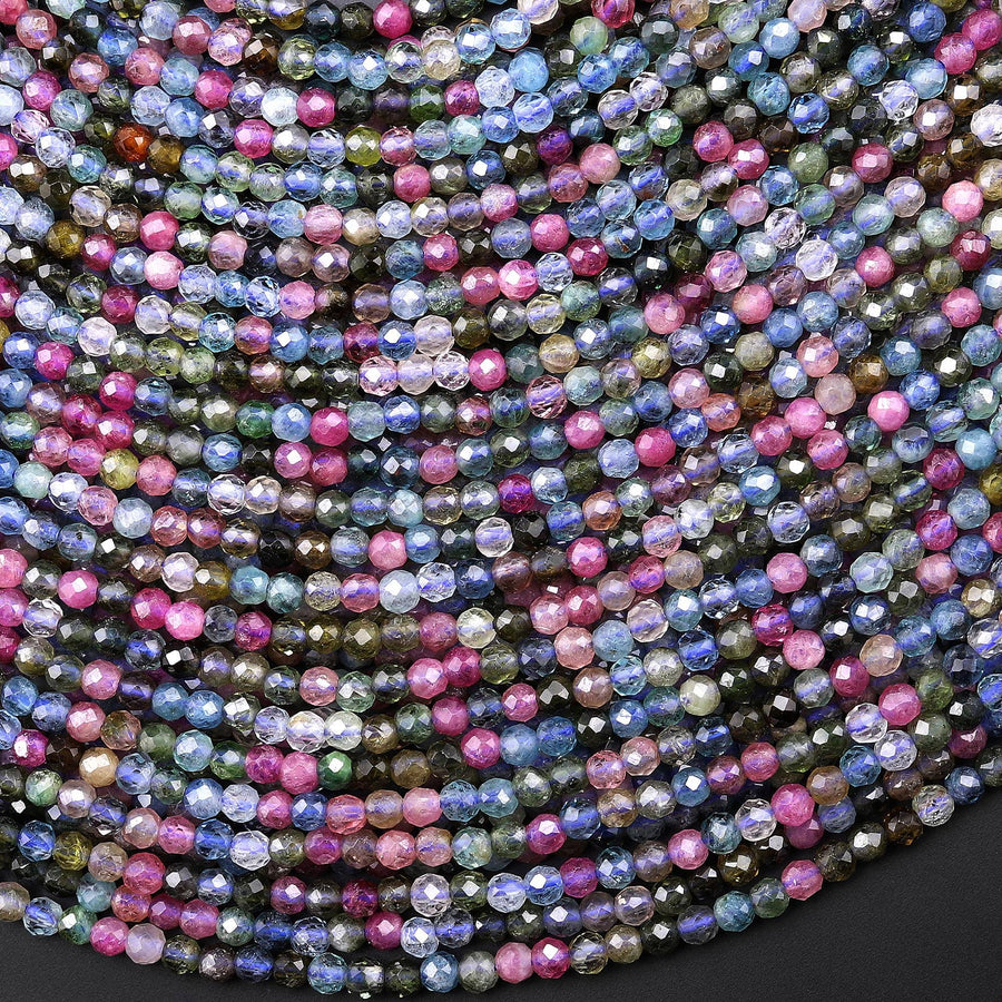 AAA Extra Translucent Faceted Natural Tourmaline 3mm Round Beads Pink Green Blue Gemstone 15.5" Strand