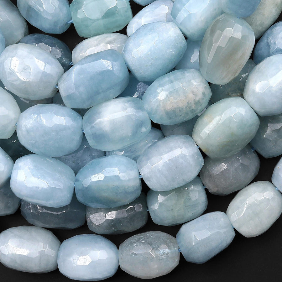 AAA Large Hand Faceted Natural Blue Aquamarine Rounded Nugget Gemstone Beads 16.5" Strand