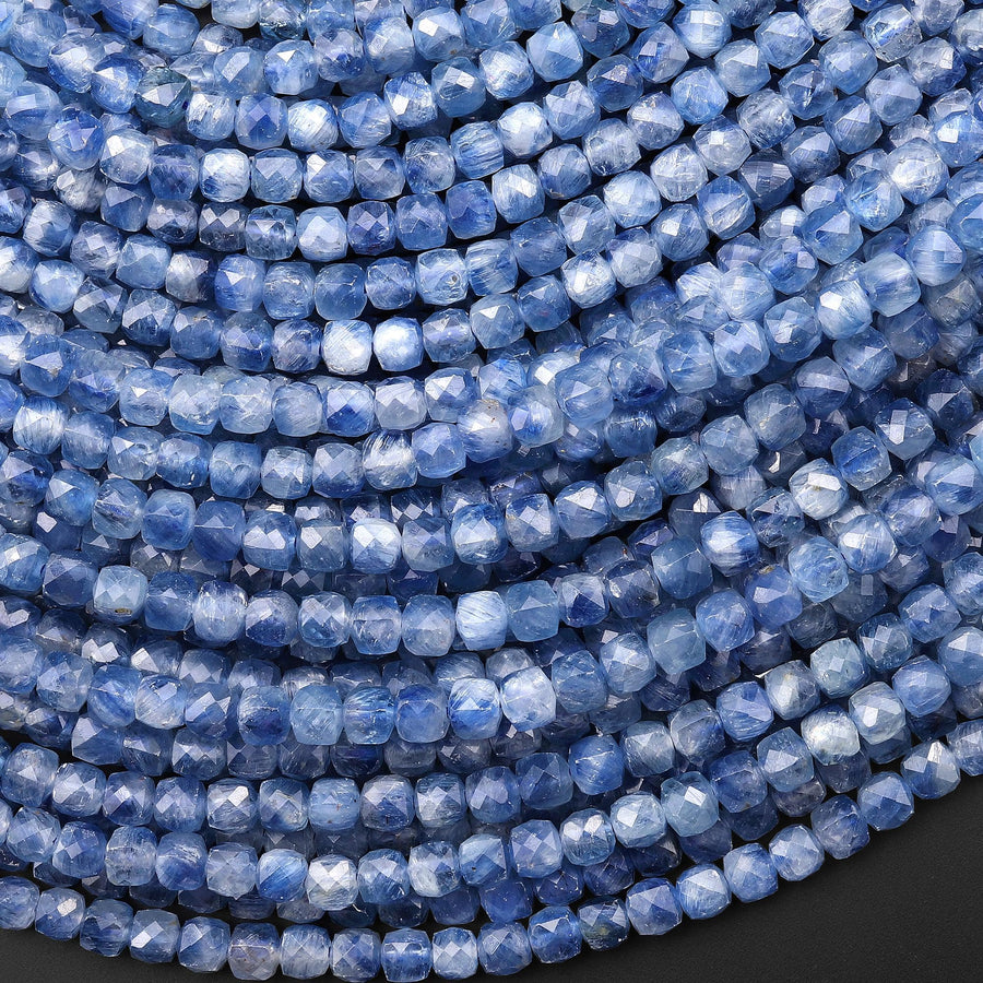 AAA Natural Silvery Blue Kyanite Faceted 4mm Cube Beads Gemstone 15.5" Strand