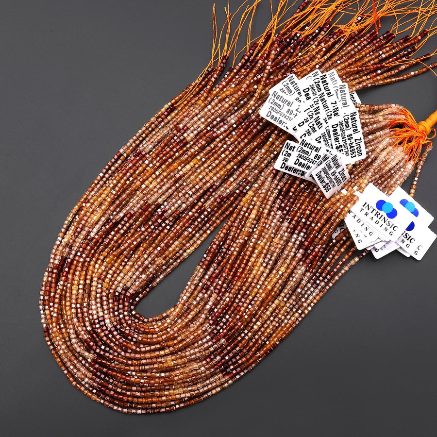 AAA Faceted Genuine Natural Zircon 2mm Cube Beads Champagne Gold Orange Red Brown Diamond Cut Ombre Gemstone 15.5" Strand