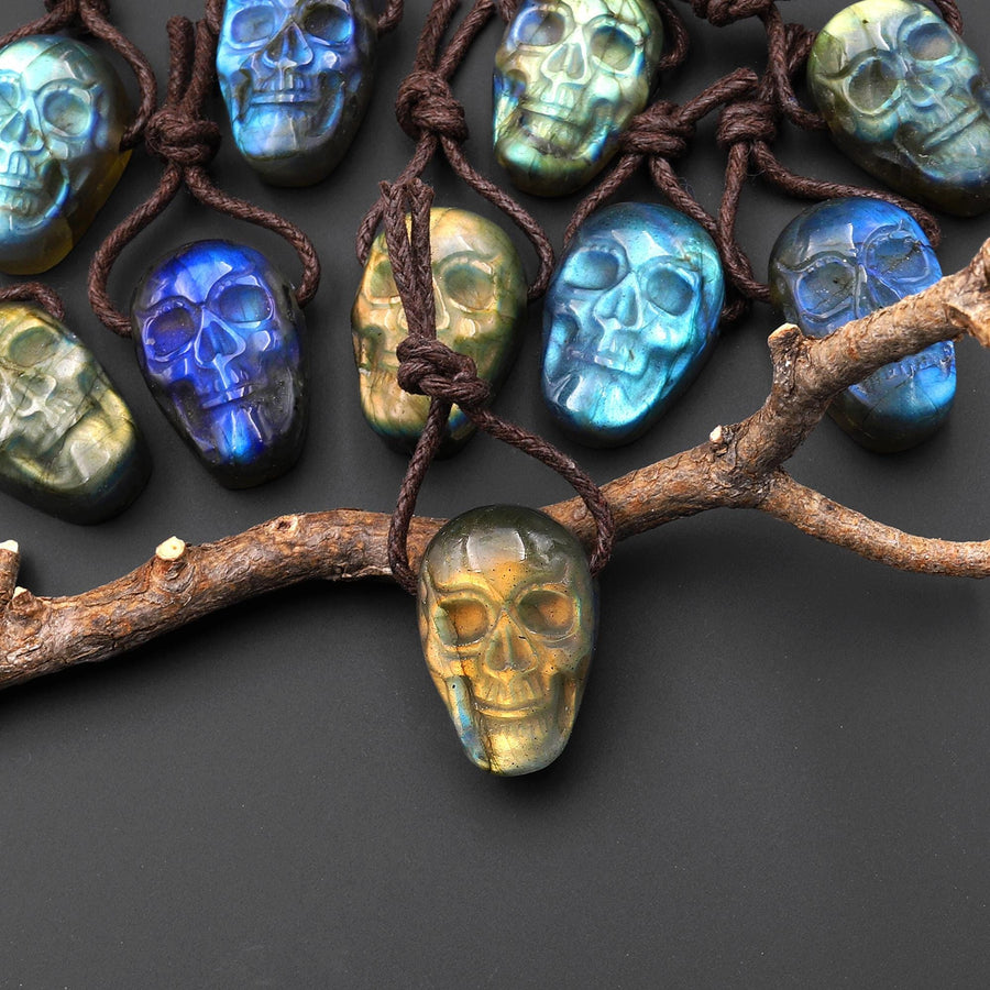 AAA Hand Carved Natural Labradorite Skull Side Drilled Gemstone Focal Bead 15x22mm