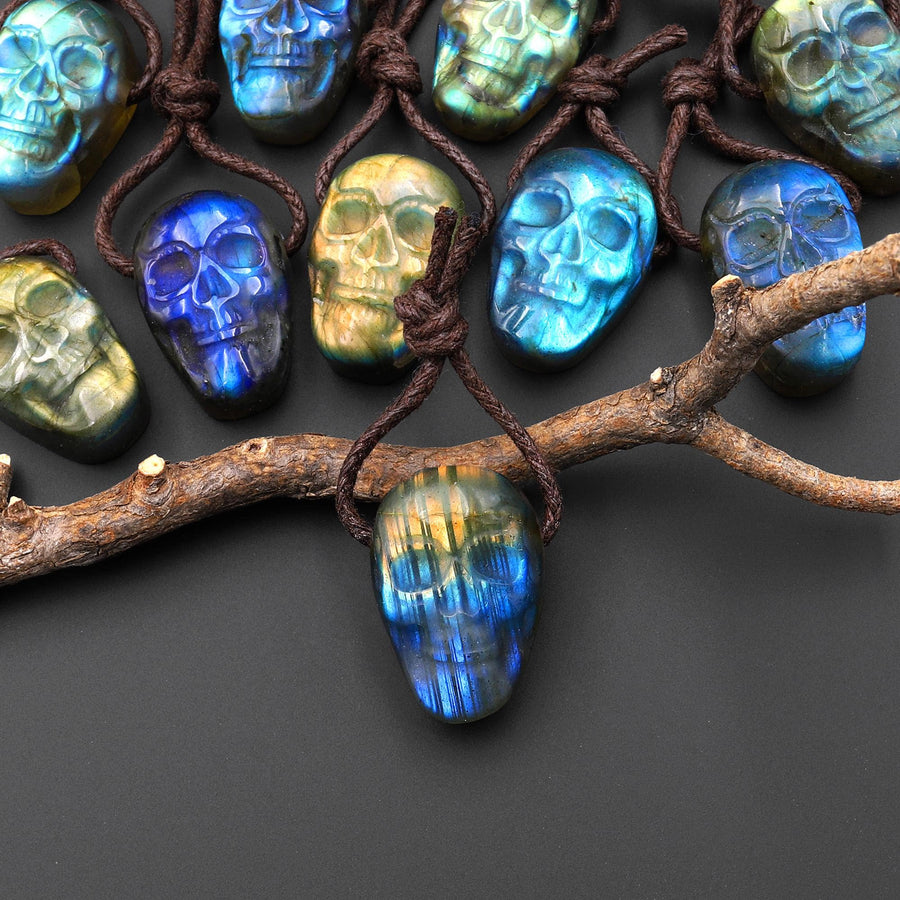 AAA Hand Carved Natural Labradorite Skull Side Drilled Gemstone Focal Bead 15x22mm