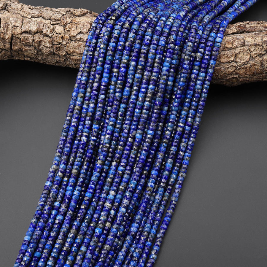 Faceted Natural Blue Lapis Heishi Rondelle Beads 4mm 15" Strand