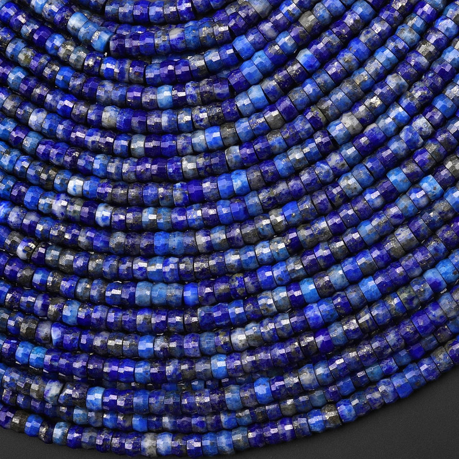 Faceted Natural Blue Lapis Heishi Rondelle Beads 4mm 15" Strand