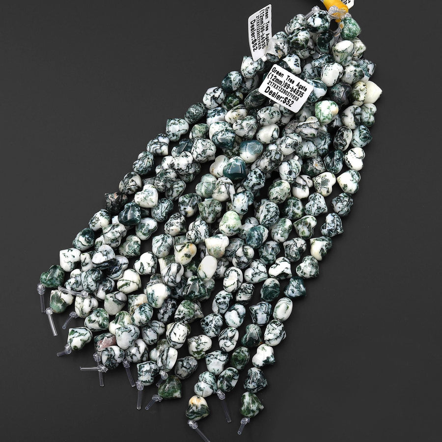 Natural Green Tree Agate Beads Gemstone Puffy Heart Horizontally Drilled 10mm 12mm 14mm 7.5" Strand