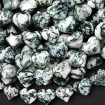 Natural Green Tree Agate Beads Gemstone Puffy Heart Horizontally Drilled 10mm 12mm 14mm 7.5" Strand