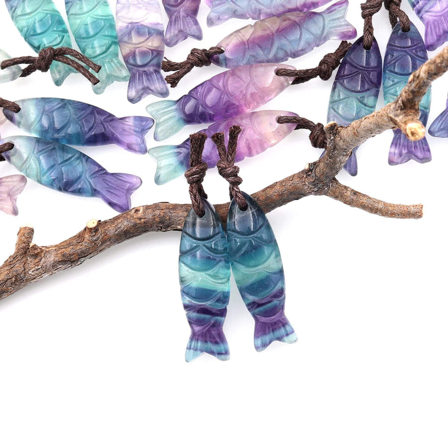 AAA Hand Carved Natural Fluorite Fish Earrings Matched Gemstone Bead Pair
