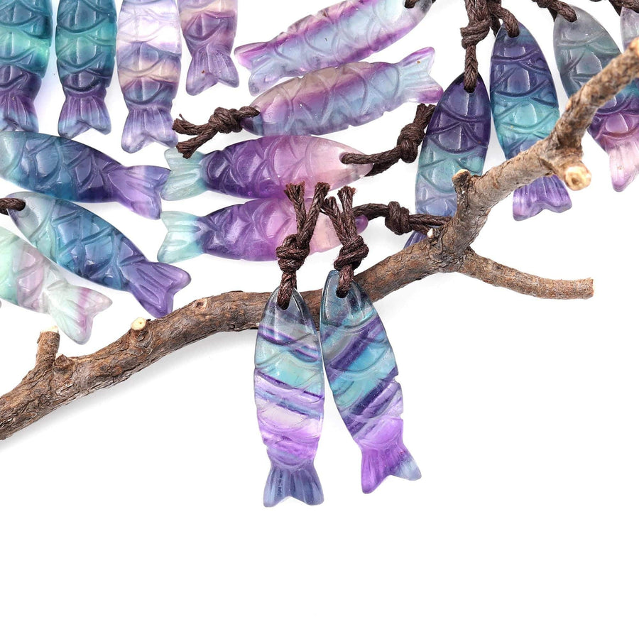 AAA Hand Carved Natural Fluorite Fish Earrings Matched Gemstone Bead Pair