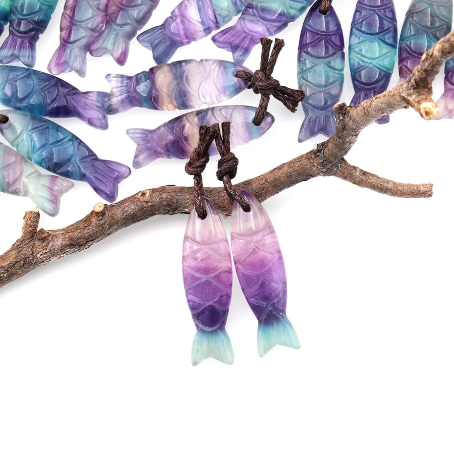 AAA Hand Carved Natural Fluorite Fish Earrings Matched Gemstone Bead Pair A4
