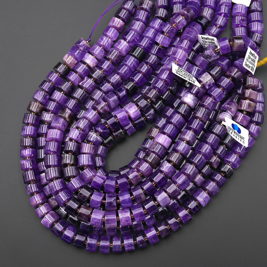 Gemmy Natural Purple Amethyst 12mm Smooth Rondelle Wheel Short Cylinder Beads 15.5" Strand B4965