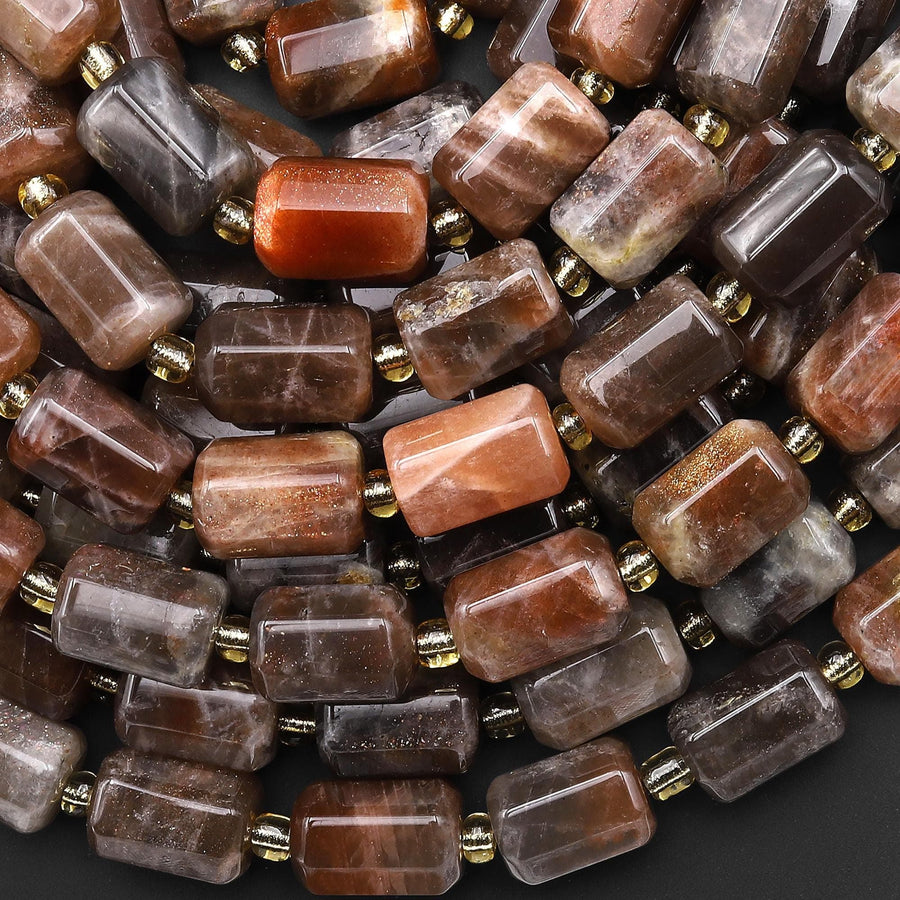 AAA Rare Natural Sunstone Moonstone Octagon Tube 15.5" Strand