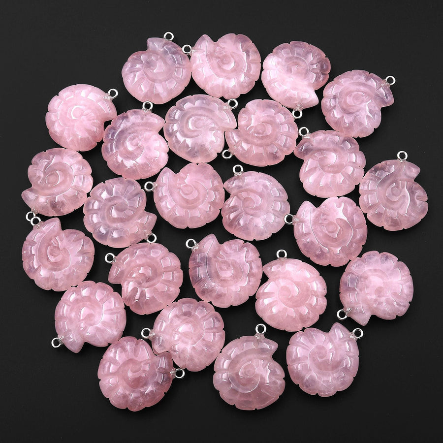 Hand Carved Natural Ammonite Gemstone Pendant Bead Rose Quartz Peruvian Amazonite Rock Crystal Amethyst