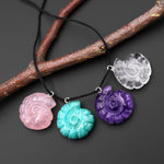 Set of 4 Pendants Hand Carved Natural Ammonite Gemstone Rose Quartz Peruvian Amazonite Rock Crystal Amethyst