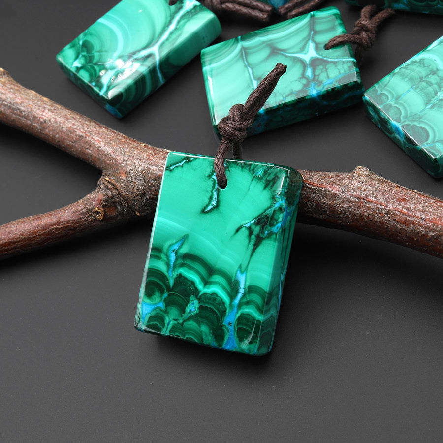 Extremely Rare Natural Blue Chrysocolla Green Malachite Rectangle Tile Pendant PDT0890