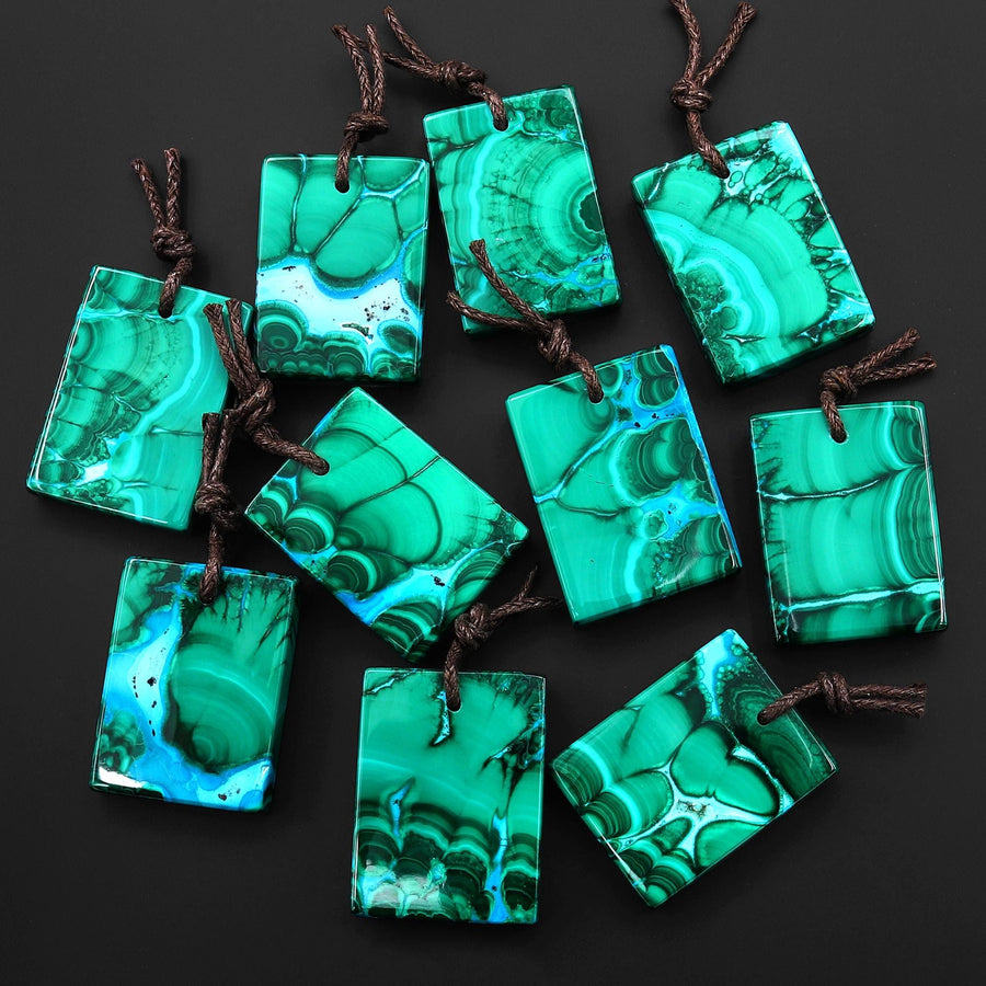 Extremely Rare Natural Blue Chrysocolla Green Malachite Rectangle Tile Pendant PDT0890