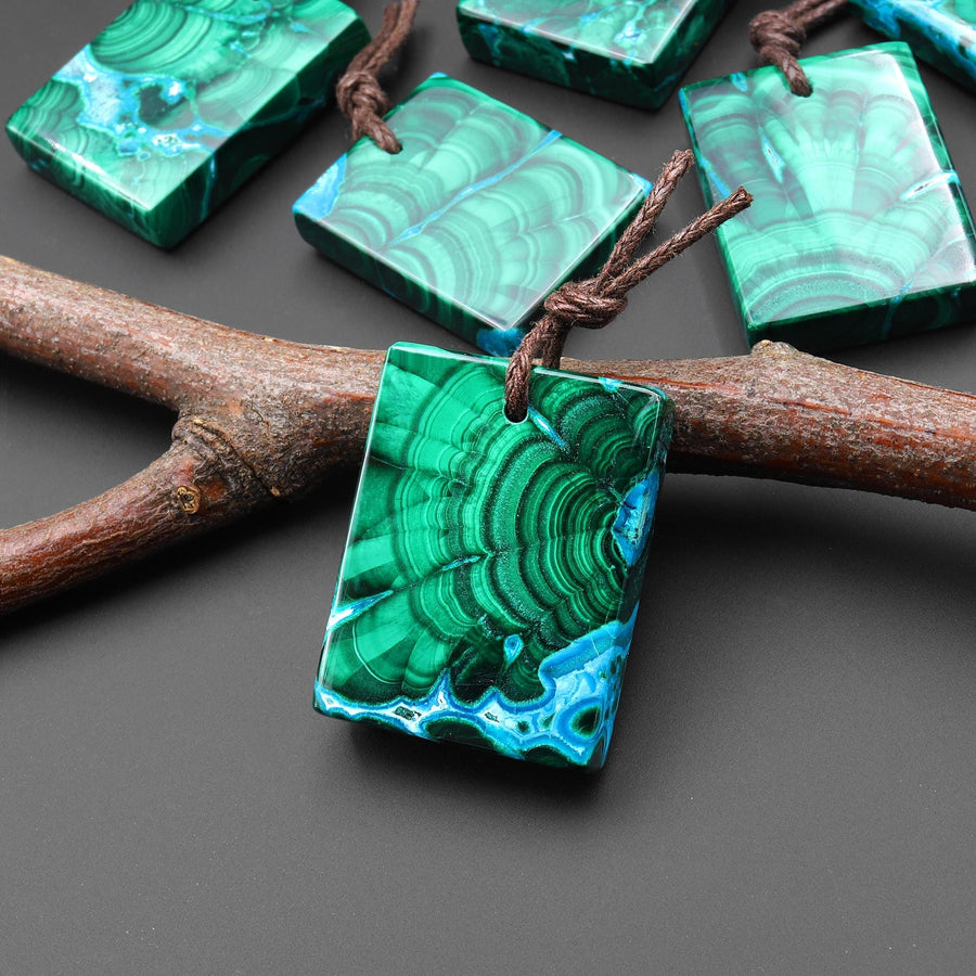 Extremely Rare Natural Blue Chrysocolla Green Malachite Rectangle Tile Pendant PDT0891 A1