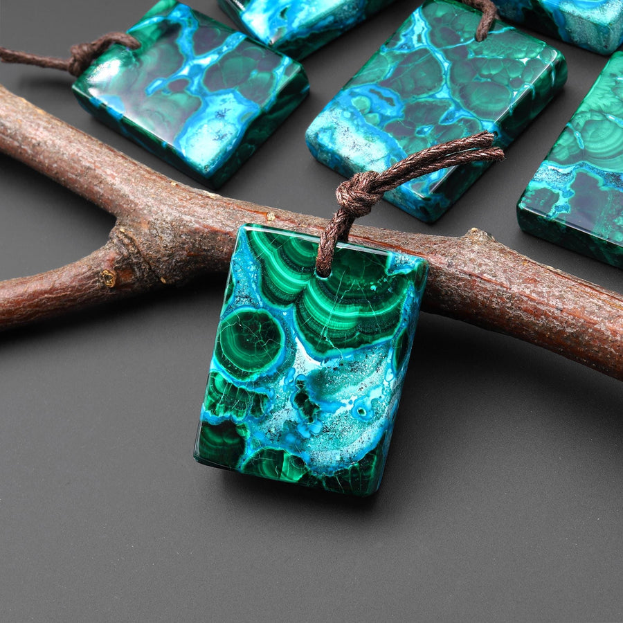 Extremely Rare Natural Shattuckite Blue Chrysocolla Green Malachite Rectangle Tile Pendant PDT0889
