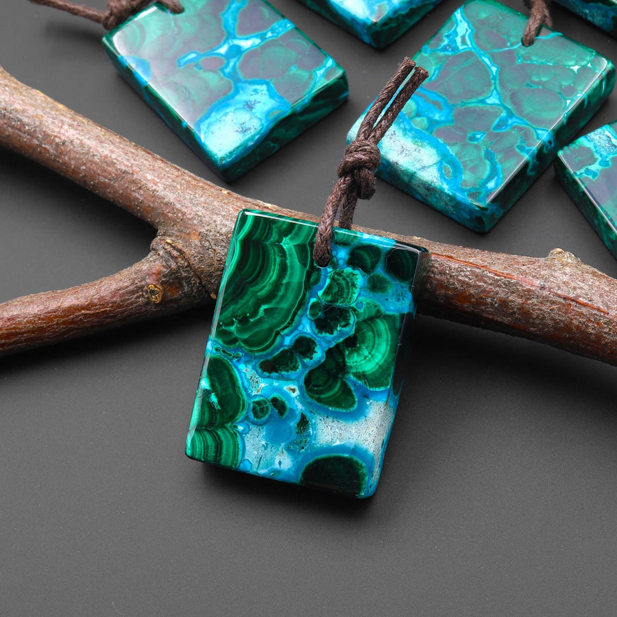 Extremely Rare Natural Shattuckite Blue Chrysocolla Green Malachite Rectangle Tile Pendant PDT0889 A2