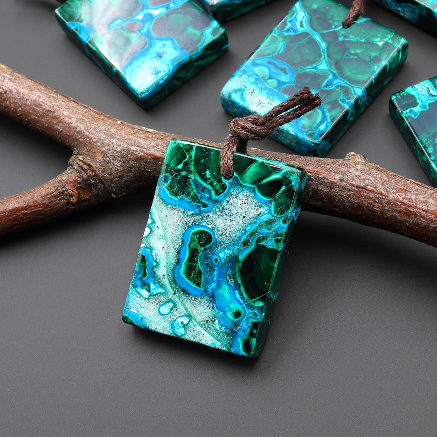 Extremely Rare Natural Shattuckite Blue Chrysocolla Green Malachite Rectangle Tile Pendant PDT0889 A1