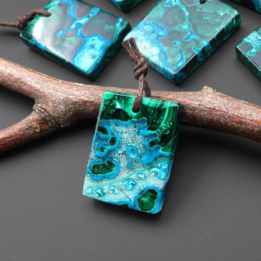 Extremely Rare Natural Shattuckite Blue Chrysocolla Green Malachite Rectangle Tile Pendant PDT0889 A7