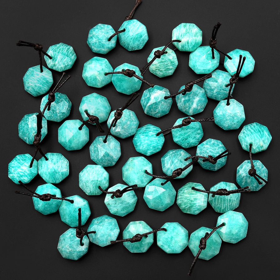 AAA Natural Sea Blue Green Peruvian Amazonite Faceted Geometric Round Octagon Coin Disc 12mm Earring Pair Matched Gemstones