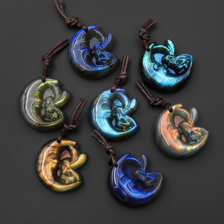 AAA Fiery Hand Carved Natural Labradorite Moon Fairy Pendant Gemstone