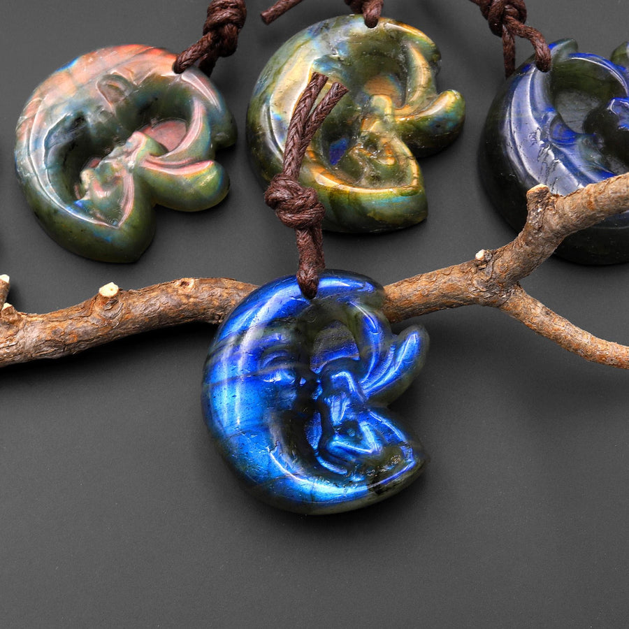 AAA Fiery Hand Carved Natural Labradorite Moon Fairy Pendant Gemstone