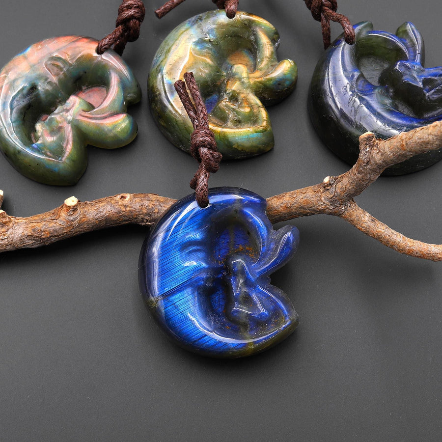 AAA Fiery Hand Carved Natural Labradorite Moon Fairy Pendant Gemstone